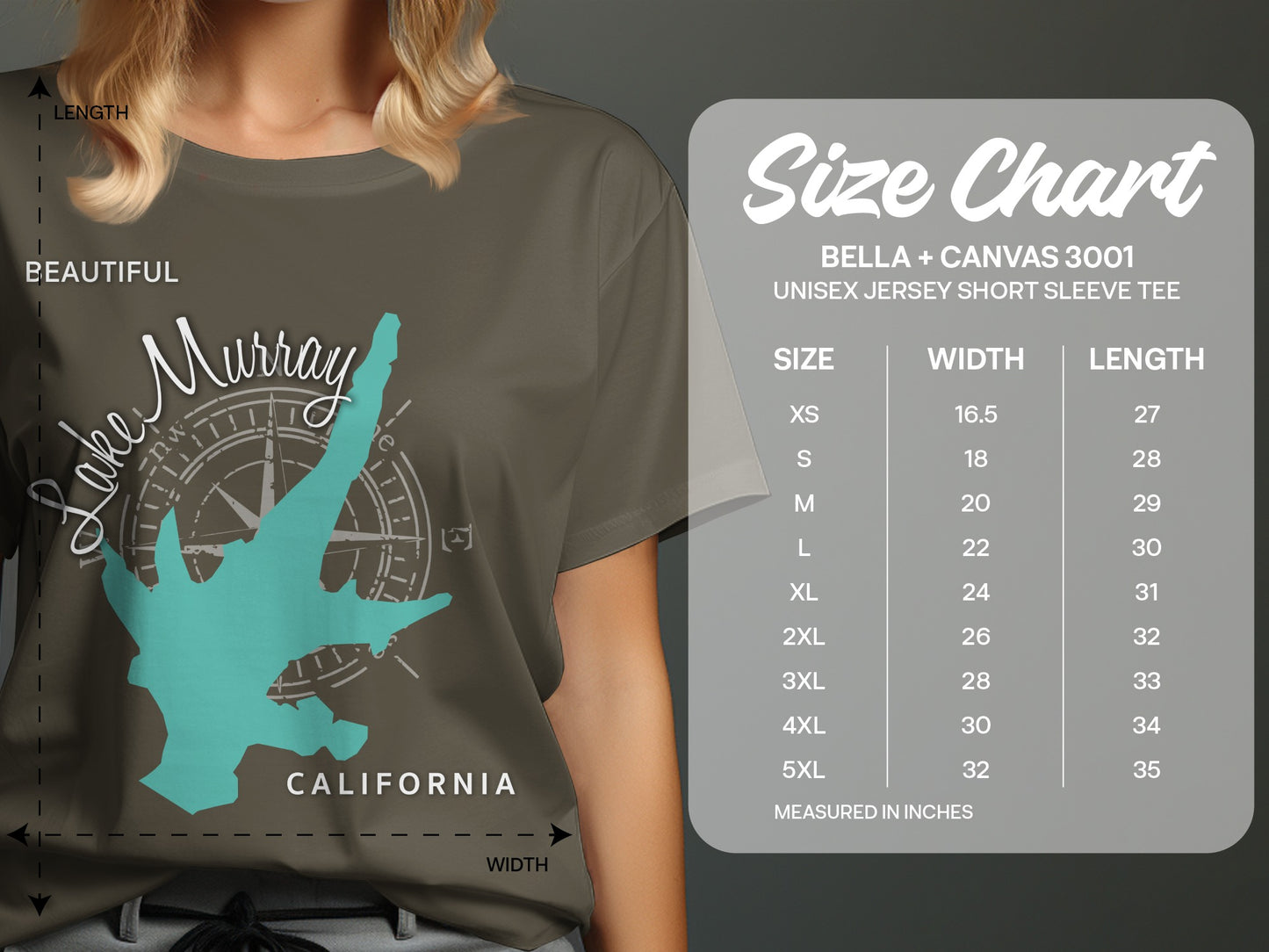 T-shirt size chart showing measurements for a Bella + Canvas 3001 unisex tee.