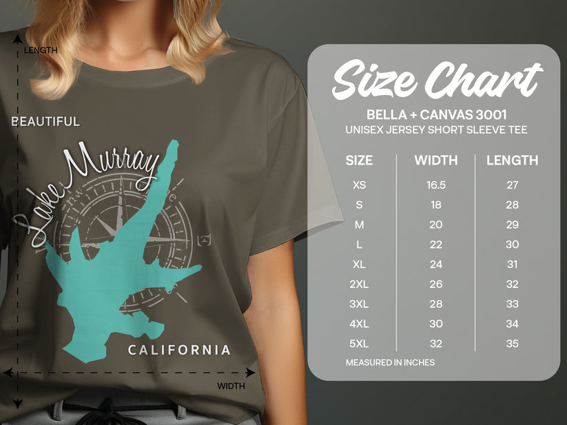 T-shirt size chart showing measurements for a Bella + Canvas 3001 unisex tee.