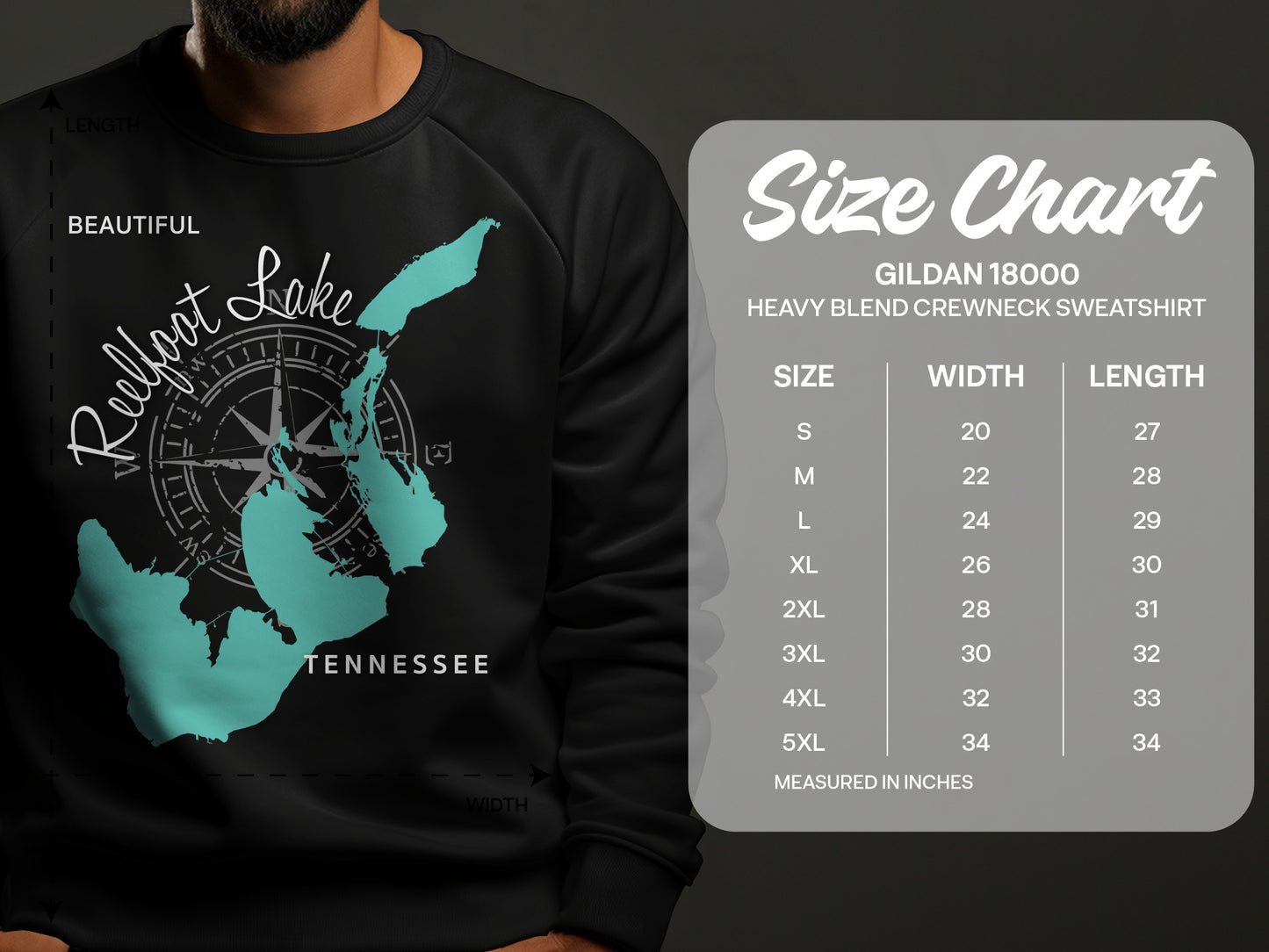 Size chart for Gildan 18000 heavy blend crewneck sweatshirt with Rulfoot Lake graphic.