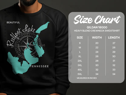 Size chart for Gildan 18000 heavy blend crewneck sweatshirt with Rulfoot Lake graphic.