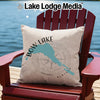 Pillow featuring turquoise outline of Bow Lake, Alberta, with compass and "Lake Lodge Media" logo.