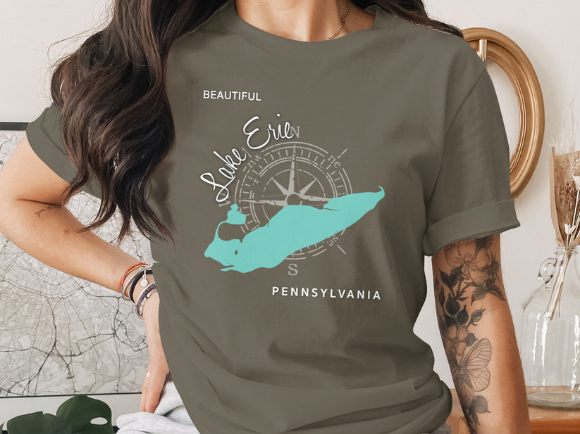 Teal Lake Erie map and compass graphic on a dark olive t-shirt.