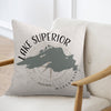Light gray pillow with Lake Superior map and compass design, saying "Lake Superior Wisconsin".