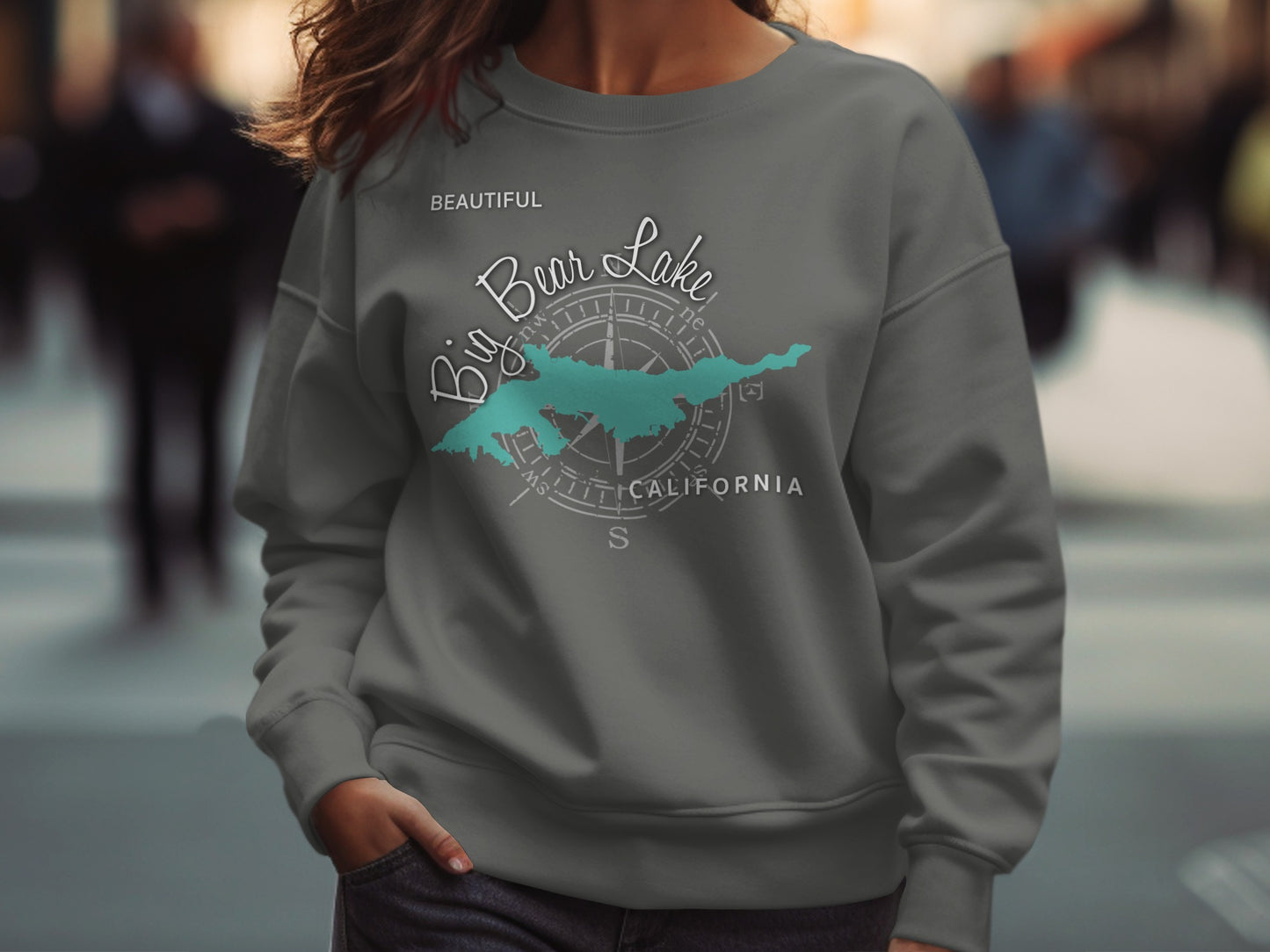 Crewneck sweatshirt with "Big Bear Lake California" and compass rose design.