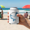 White koozie with Lake Lahontan, Nevada map and compass design.