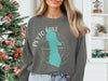 Gray sweatshirt with a turquoise outline of Peyto Lake and compass graphic.
