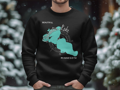 Black sweatshirt with turquoise Clearwater Lake, Minnesota map graphic.
