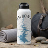 White water bottle with "BROKEN BOW LAKE" text and a blue lake map design.