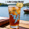 Glass with iced tea featuring a blue lake map and "Lake Lodge Media" text.