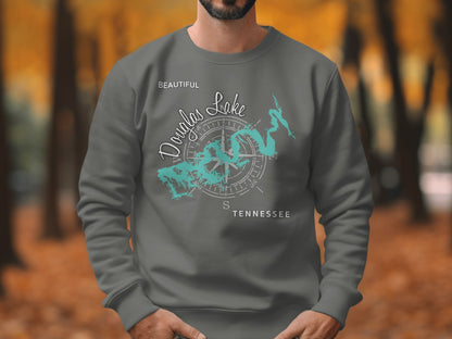 Gray sweatshirt with a compass rose and map of Douglas Lake, Tennessee.