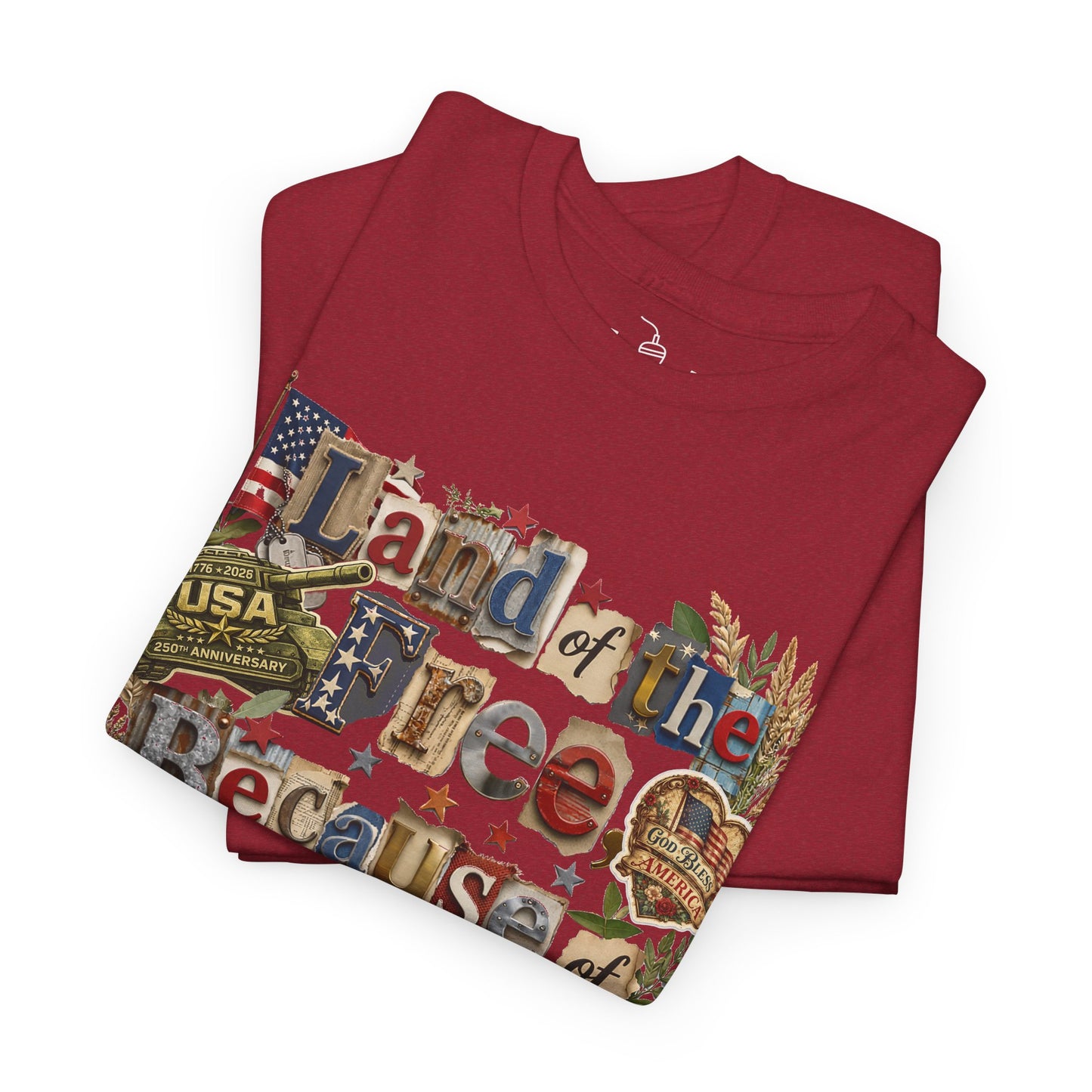 USA 250th Anniversary Land of the Free Because of the Brave T-Shirt | Patriotic Fourth of July Scrapbook Collage Design