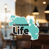 Teal Wawasee Life sticker shaped like a lake with stylized outlines.