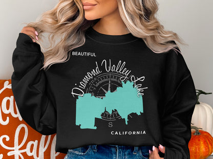 Black sweatshirt with "Diamond Valley Lake California" text and map graphic.