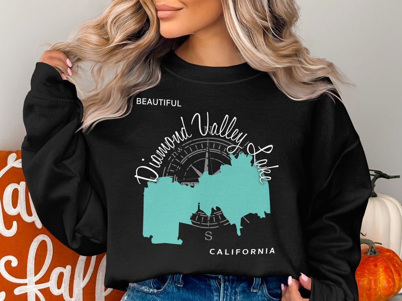 Black sweatshirt with "Diamond Valley Lake California" text and map graphic.