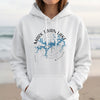 White hoodie with Mark Twain Lake Missouri map and compass graphic.