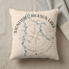 Cream pillow with Stonewall Jackson Lake map and compass design, West Virginia.