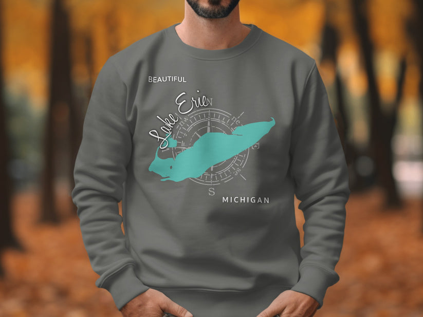 Gray sweatshirt featuring a compass rose with Lake Erie map and "Michigan" text.