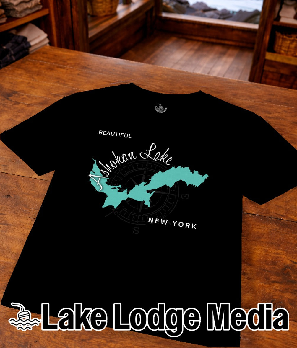 Black t-shirt with Ashokan Lake map and "Lake Lodge Media" text.