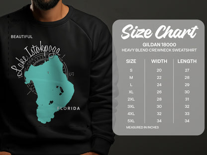 Crewneck sweatshirt with Lake Istokpoga Florida map graphic and size chart.