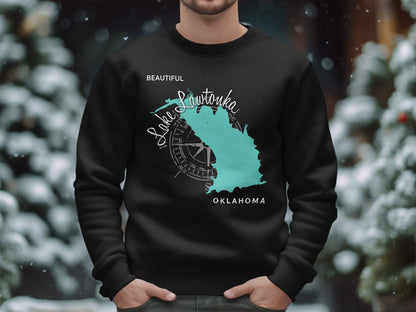 Black sweatshirt with Lake Lawtonka Oklahoma map graphic and compass.