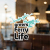 Greers Ferry Life sticker with a turquoise lake outline and black text.