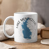 White mug with Lake Monticello map and compass design, South Carolina.