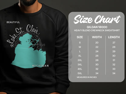 Sweatshirt displaying Lake St. Clair map and Gildan 18000 size chart.