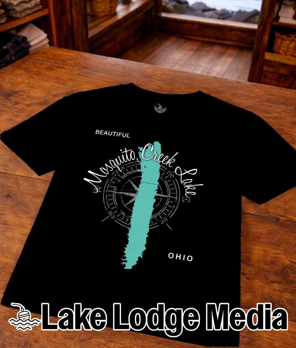 Black t-shirt with compass graphic and "Mosquito Creek Lake" text.
