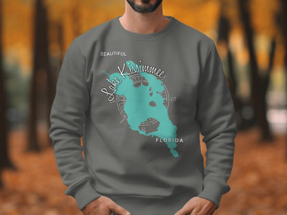 Gray sweatshirt with "Beautiful Lake Kissimmee Florida" map design.