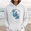 White sweatshirt with a blue map of Lake Chaubunagungamaug, Massachusetts.