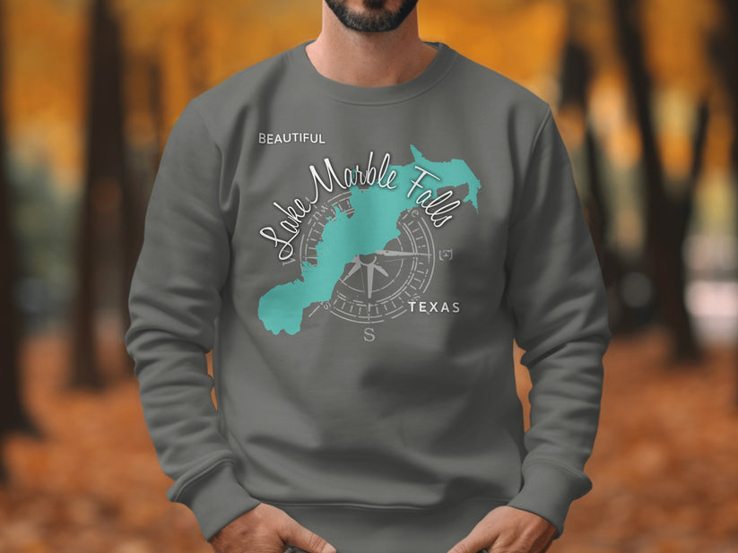 Grey sweatshirt with Lake Marble Falls, Texas map and compass graphic.