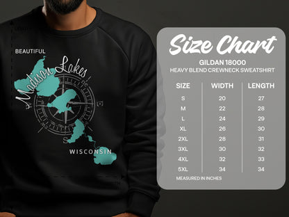 Black sweatshirt with "Madison Lakes Wisconsin" graphic and a size chart.