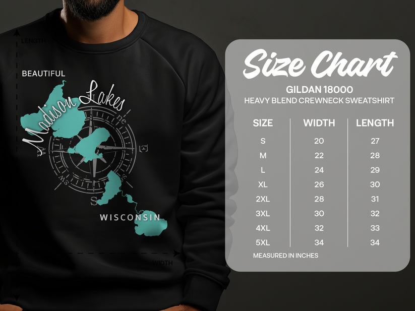 Black sweatshirt with "Madison Lakes Wisconsin" graphic and a size chart.