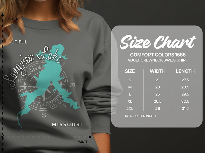 Crewneck sweatshirt size chart with measurements for Comfort Colors 1566.