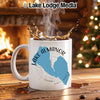 White mug with Lake Almanor, California map and compass design.