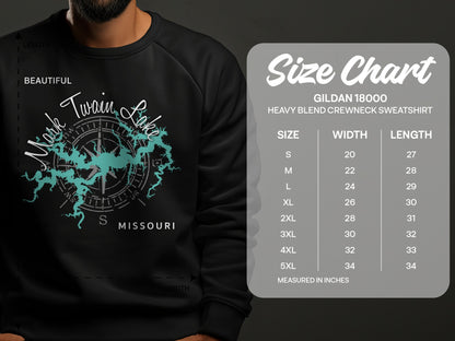 Mark Twain Lake Missouri sweatshirt size chart with garment measurements.
