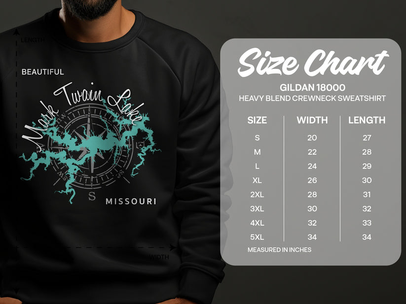 Mark Twain Lake Missouri sweatshirt size chart with garment measurements.