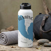 White water bottle with "ALMANC" text and blue map design, "CALI" text.