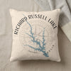 Pillow with Richard Russell Lake Georgia map and compass graphic.