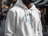 White hoodie with Lake Tuscaloosa, Alabama map and compass graphic design.