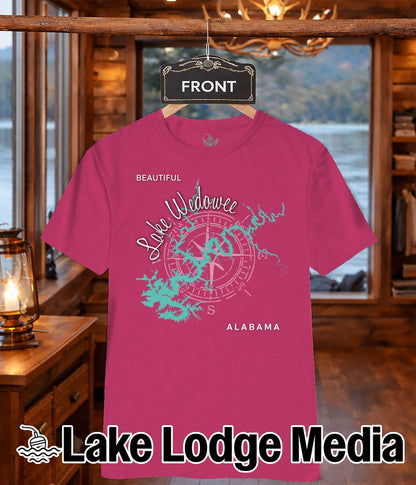 Pink t-shirt with "Lake Wedowee" compass graphic and "Alabama" text.