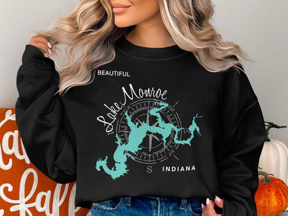 Black sweatshirt with "Lake Monroe" map and compass design, Indiana.