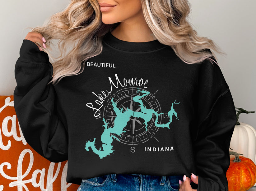 Black sweatshirt with "Lake Monroe" map and compass design, Indiana.