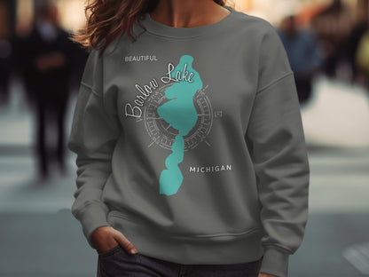 Gray sweatshirt with turquoise "Beautiful Lake Michigan" graphic and compass rose.