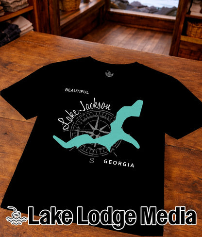 Black t-shirt with "Beautiful Lake Jackson Georgia" and compass graphic.