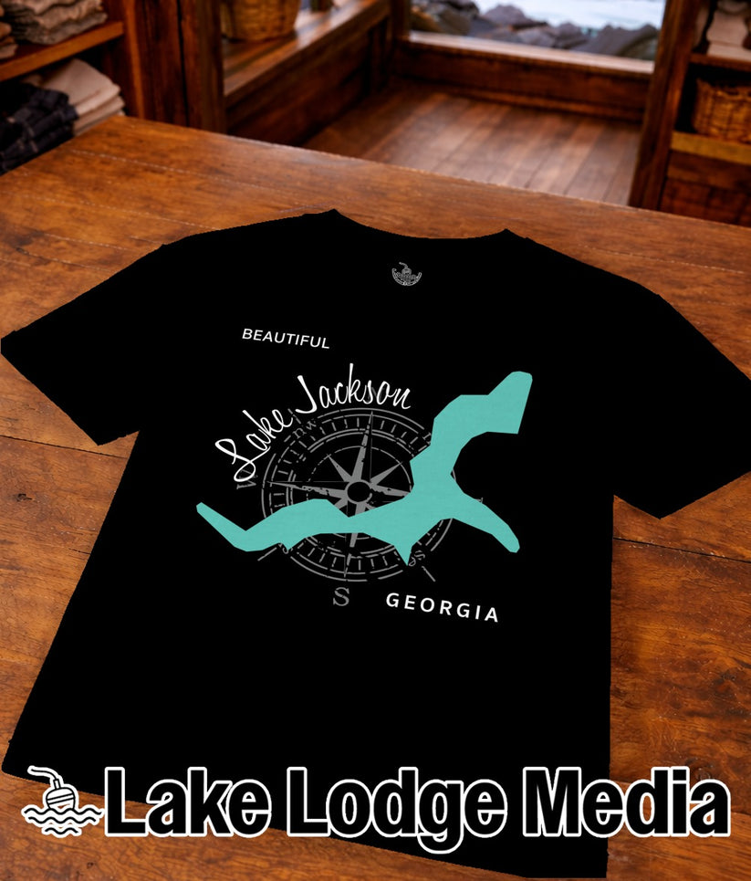 Black t-shirt with "Beautiful Lake Jackson Georgia" and compass graphic.