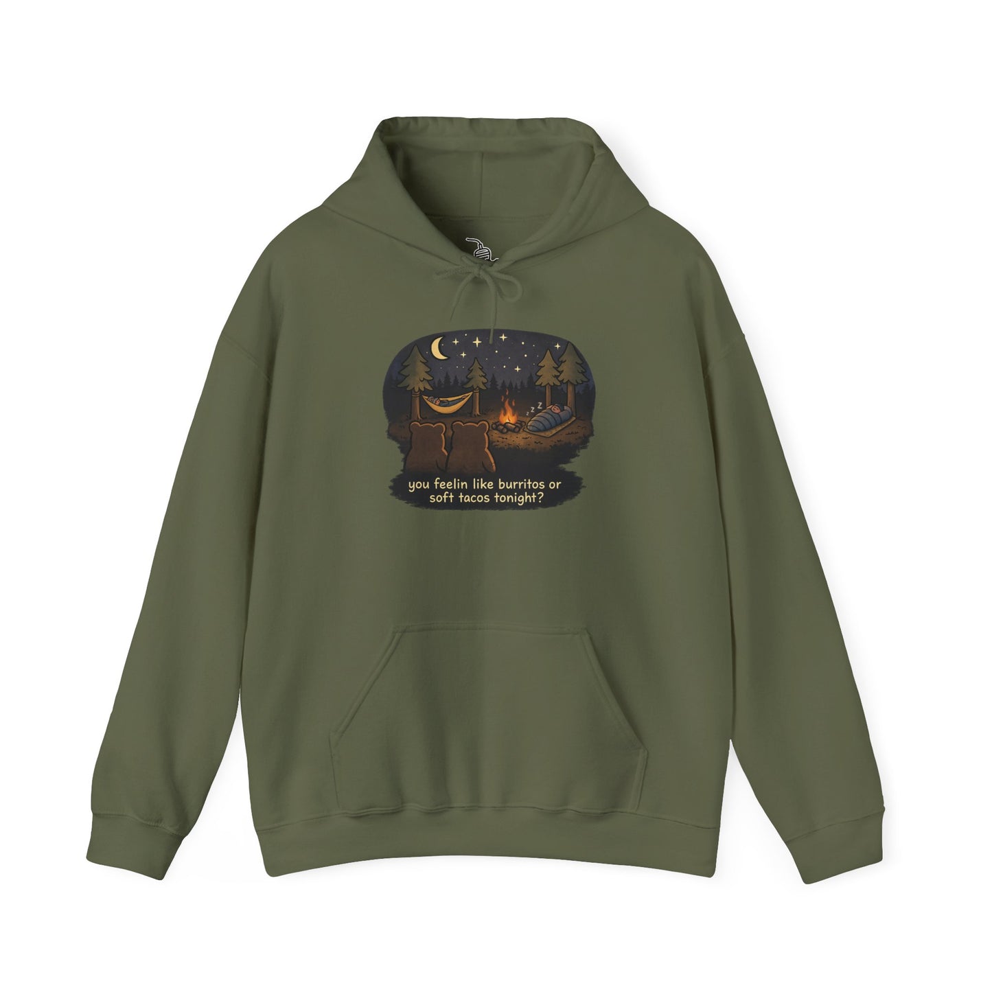 Campfire Bears Humor Hoodie, People in Sleeping Bags are Bear Burritos and Tacos Joke, Camping Hiking Smores Bonfire Apparel