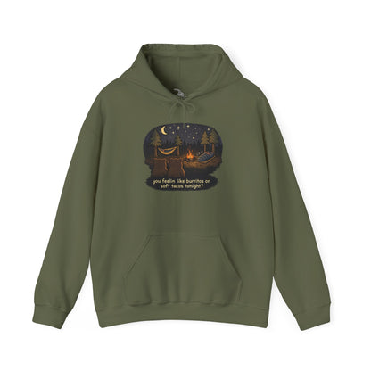 Campfire Bears Humor Hoodie, People in Sleeping Bags are Bear Burritos and Tacos Joke, Camping Hiking Smores Bonfire Apparel