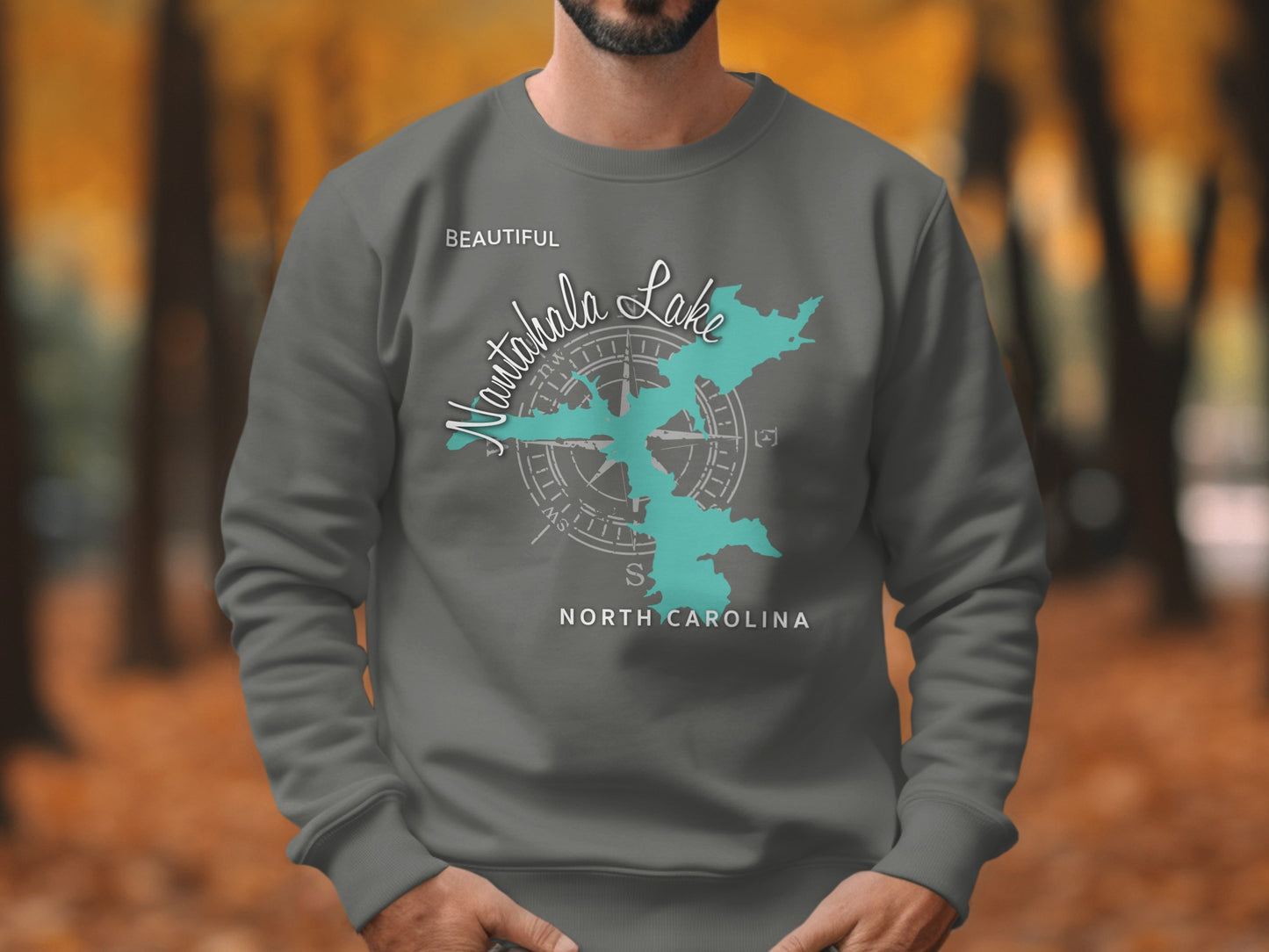 Gray sweatshirt with Nautana Lake North Carolina map and compass design.