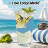 Glass with "Lake Gregory" and California outline on beach with sailboat background.